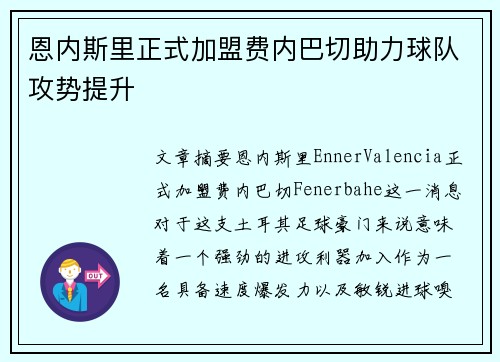 恩内斯里正式加盟费内巴切助力球队攻势提升