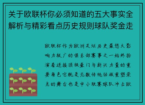 关于欧联杯你必须知道的五大事实全解析与精彩看点历史规则球队奖金走势