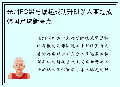 光州FC黑马崛起成功升班杀入亚冠成韩国足球新亮点